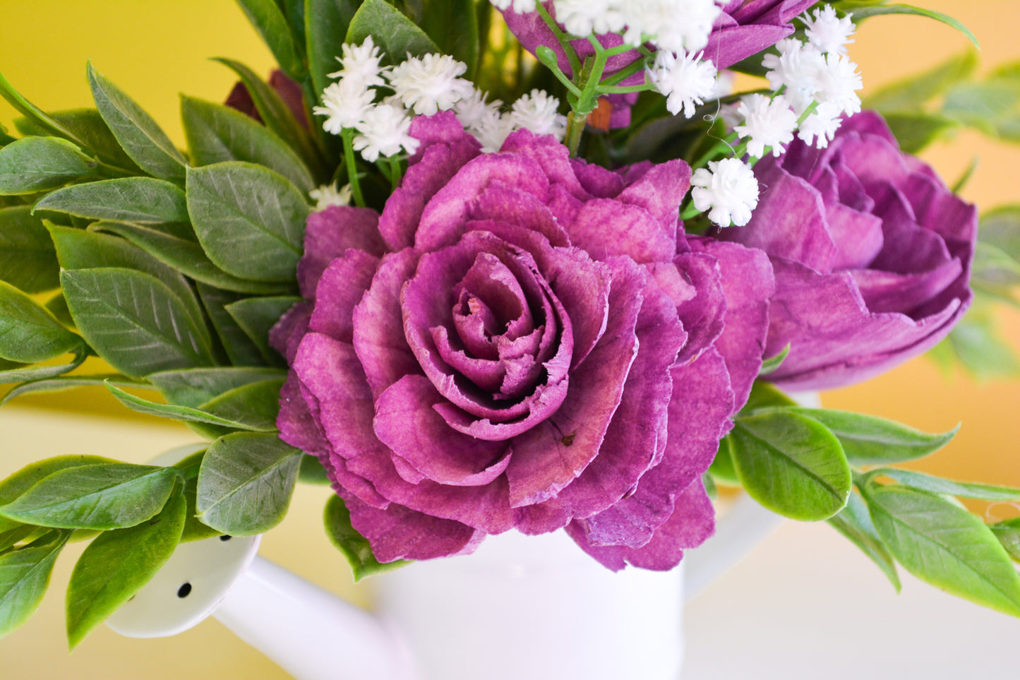 White Watering Can with Purple Flowers