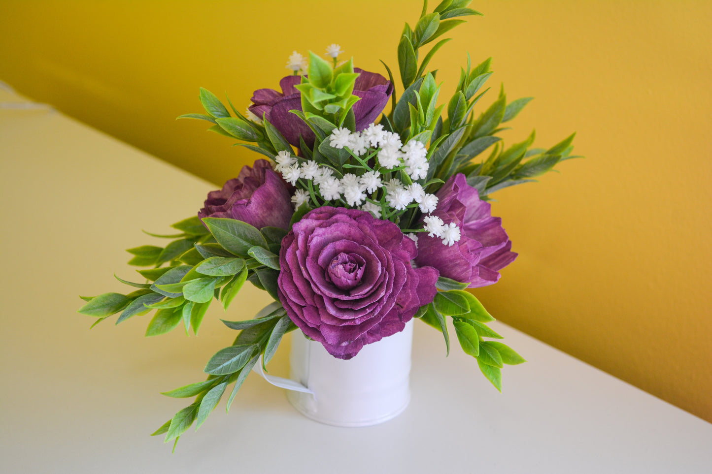 White Watering Can with Purple Flowers