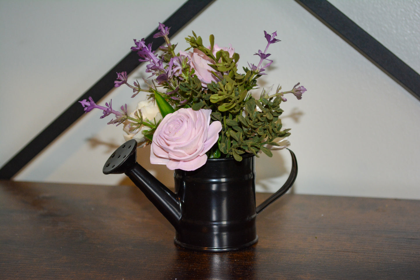 Black Watering Can with Purple Flowers