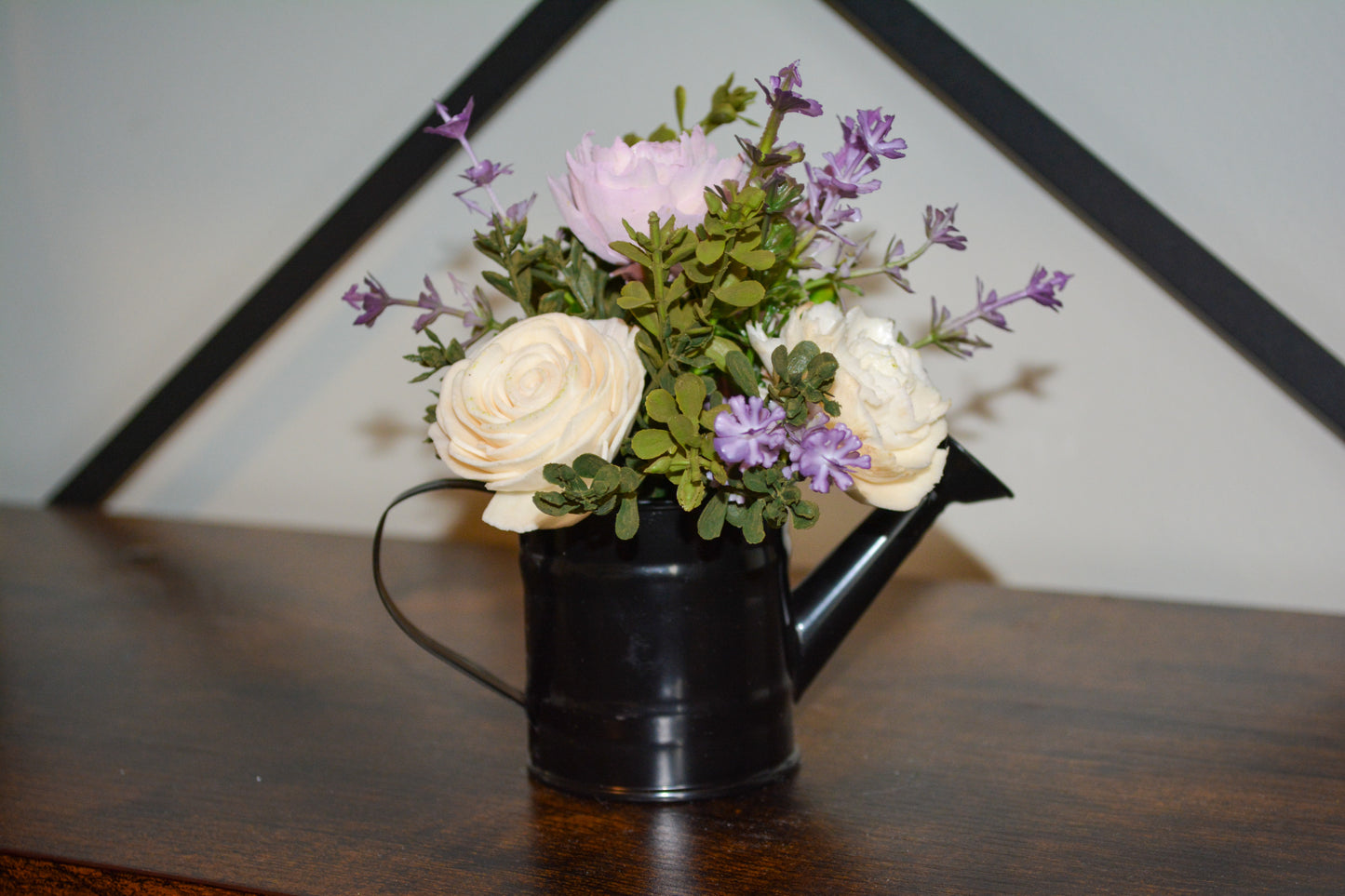 Black Watering Can with Purple Flowers