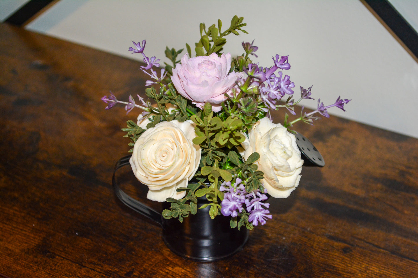 Black Watering Can with Purple Flowers