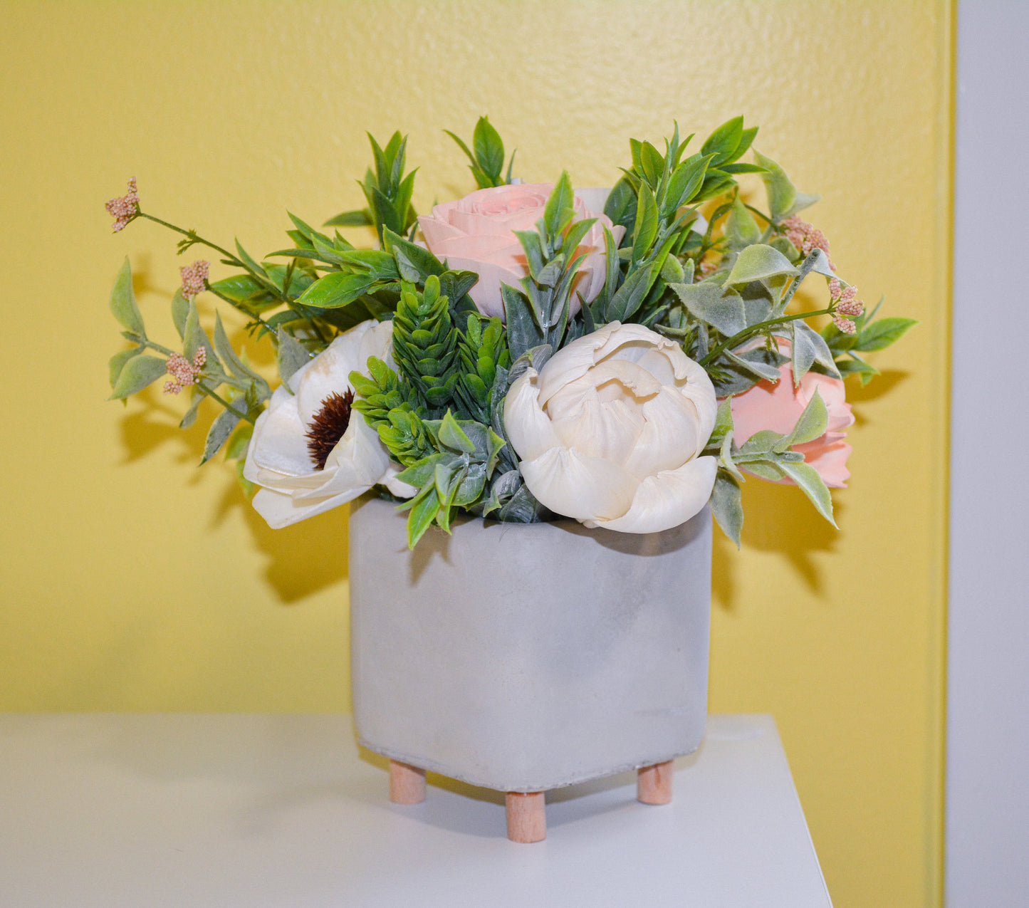 Square Pot with Ivory and Light Pink Flowers